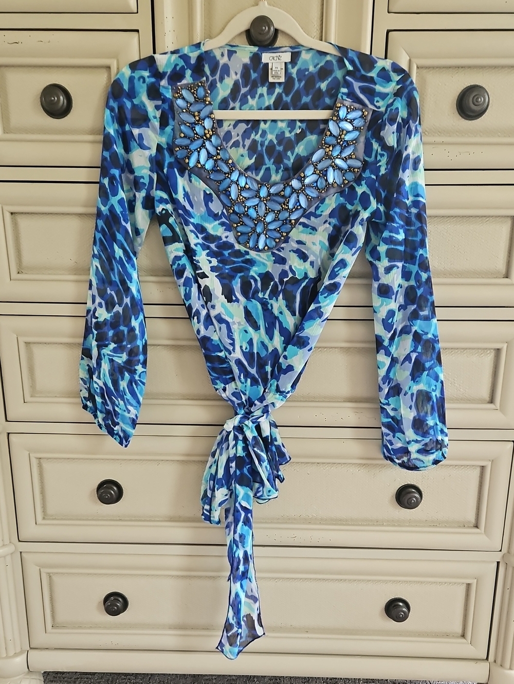Vintage Cache Y2K Beaded Watercolor Sheer Blouse Blue Aqua Size XSmall VGUC